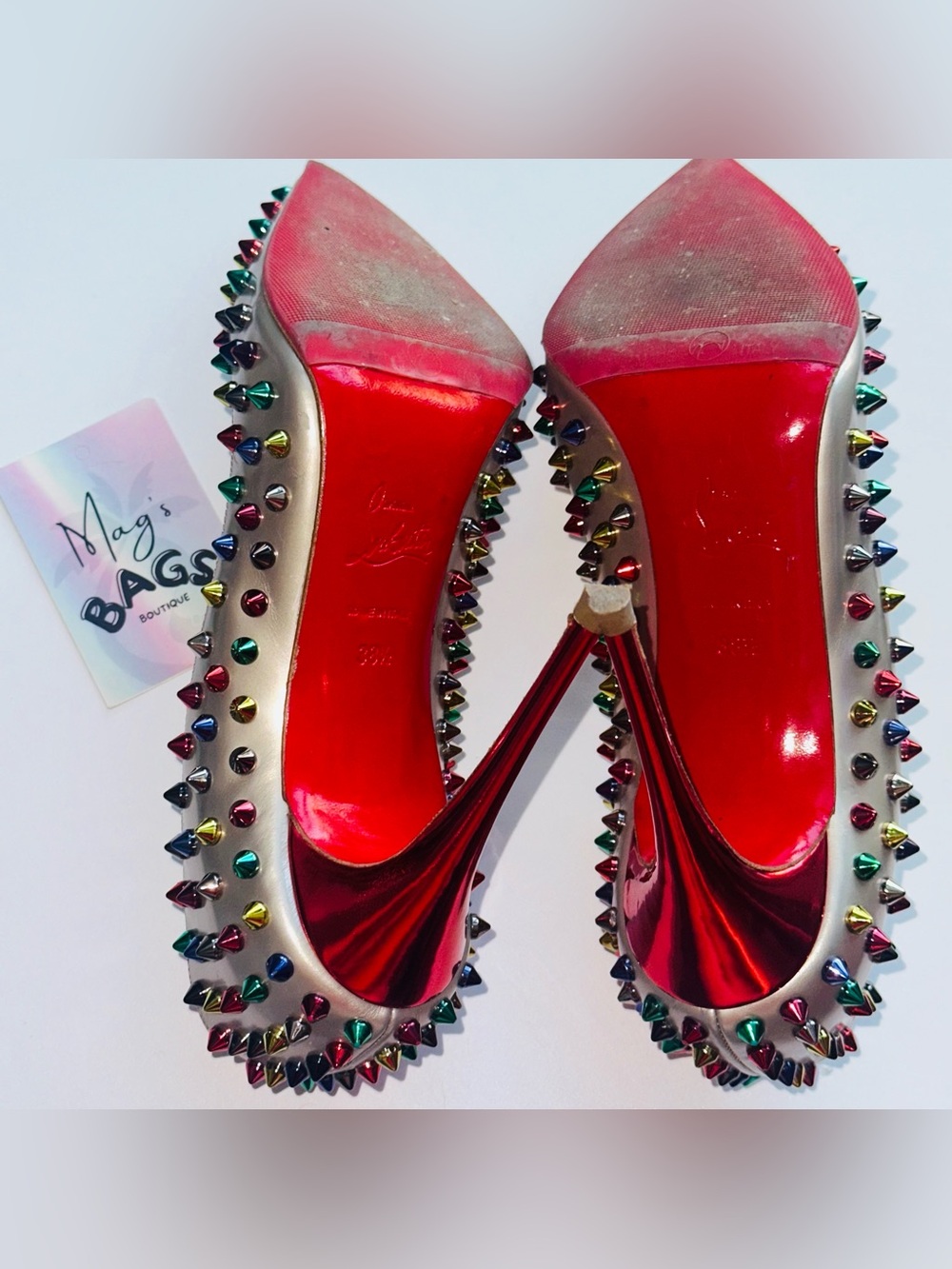 Louboutin: Multicolor Follies Spikes 100 Beige Specchio Studded Heels *RARE* - Picture 16 of 17